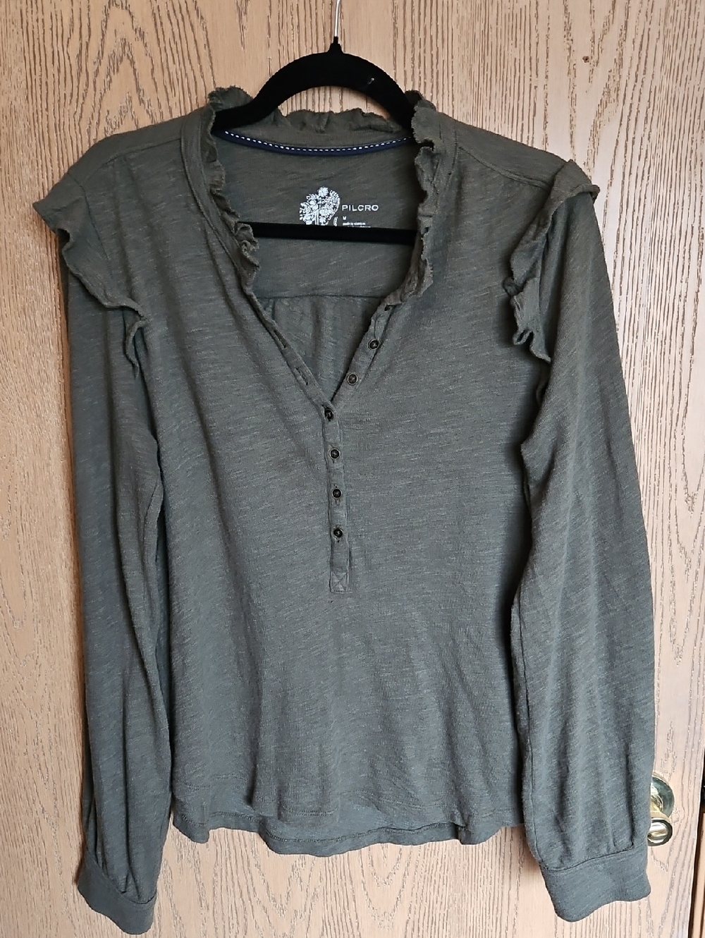 Pilcro Olive Green Ruffle-Trim Henley Long Sleeve Top